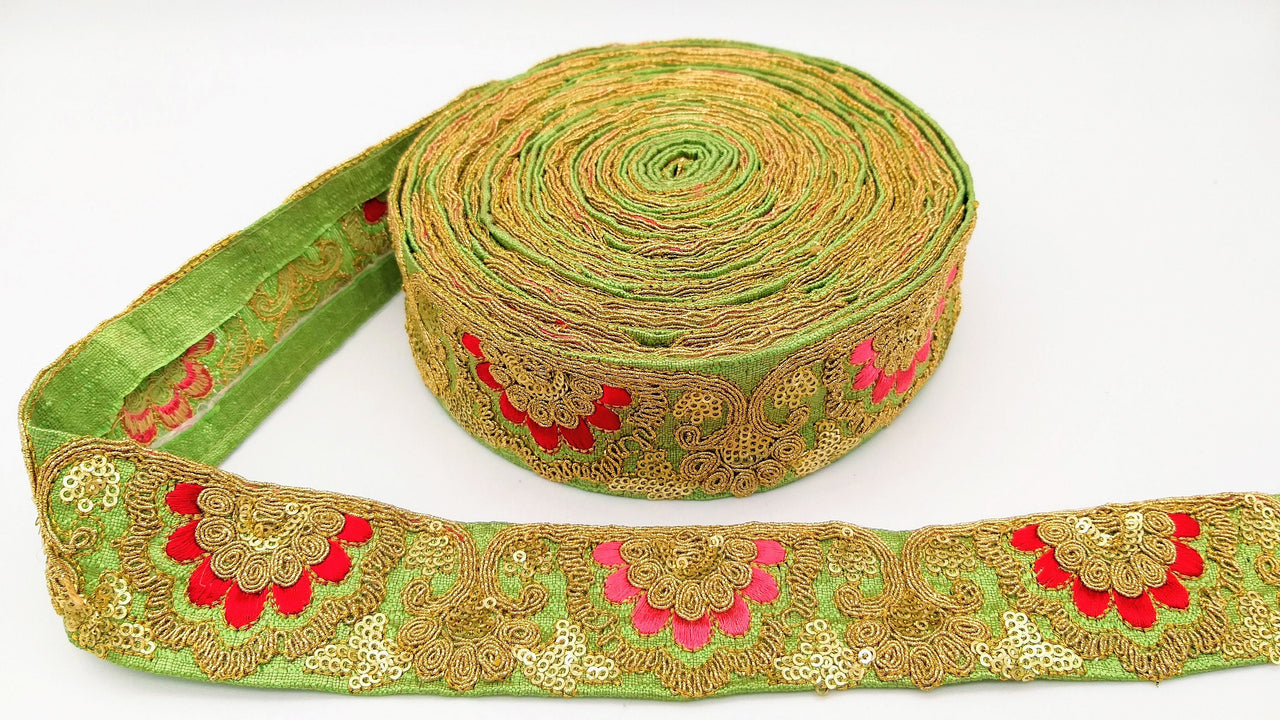 Green Art Silk Trim With Intricate Floral Embroidery With Sequins, Lace Trim, Indian Lace Trim