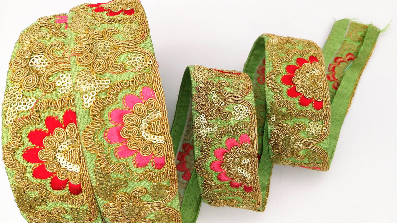 Green Art Silk Trim With Intricate Floral Embroidery With Sequins, Lace Trim, Indian Lace Trim
