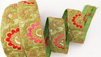Thumbnail for Green Art Silk Trim With Intricate Floral Embroidery With Sequins, Lace Trim, Indian Lace Trim