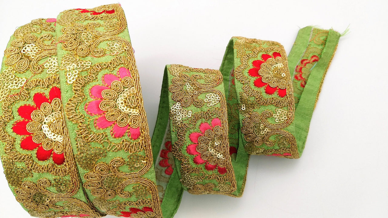 Green Art Silk Trim With Intricate Floral Embroidery With Sequins, Lace Trim, Indian Lace Trim