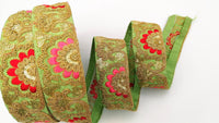 Thumbnail for Green Art Silk Trim With Intricate Floral Embroidery With Sequins, Lace Trim, Indian Lace Trim