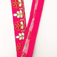 Thumbnail for Fuchsia Pink Silk Trim With Mirrors Embellishments and Gold Embroidery, Approx. 38mm Wide, Decorative Trim Costume Trim Floral Trim By Yard