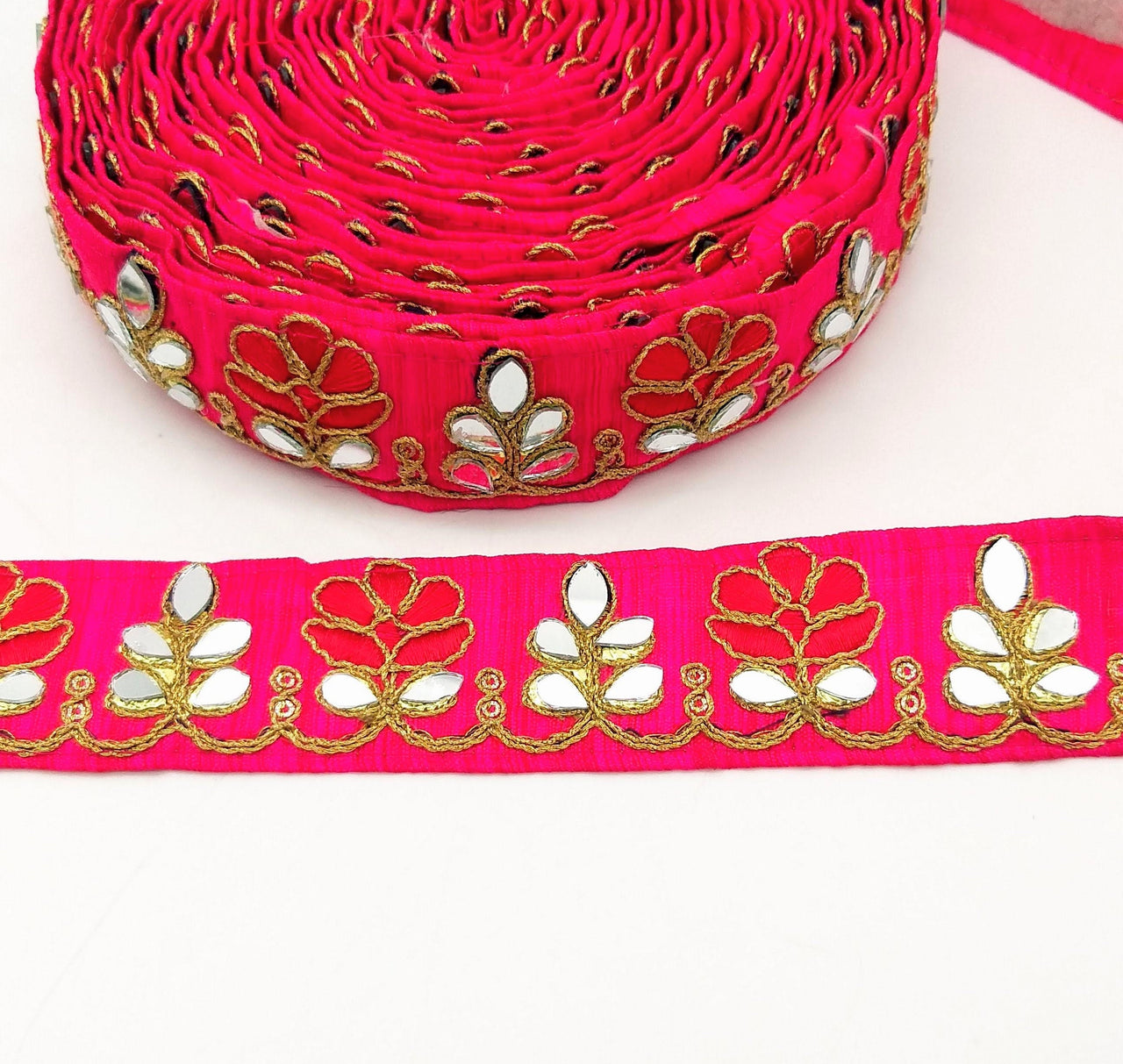 Fuchsia Pink Silk Trim With Mirrors Embellishments and Gold Embroidery, Approx. 38mm Wide, Decorative Trim Costume Trim Floral Trim By Yard