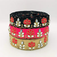 Thumbnail for Beige Silk Trim With Mirrors Embellishments and Gold Embroidery, Approx. 38mm Wide, Decorative Trim Costume Trim Floral Trim By Yard