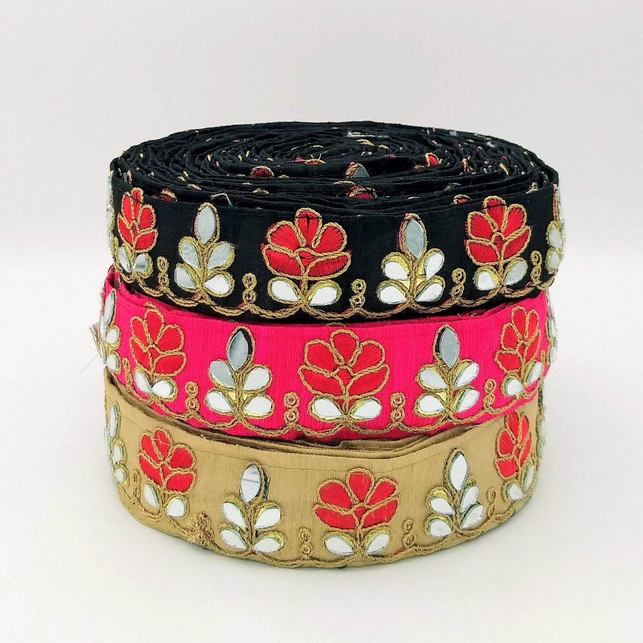 Fuchsia Pink Silk Trim With Mirrors Embellishments and Gold Embroidery, Approx. 38mm Wide, Decorative Trim Costume Trim Floral Trim By Yard