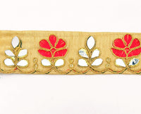 Thumbnail for Beige Silk Trim With Mirrors Embellishments and Gold Embroidery, Approx. 38mm Wide, Decorative Trim Costume Trim Floral Trim By Yard
