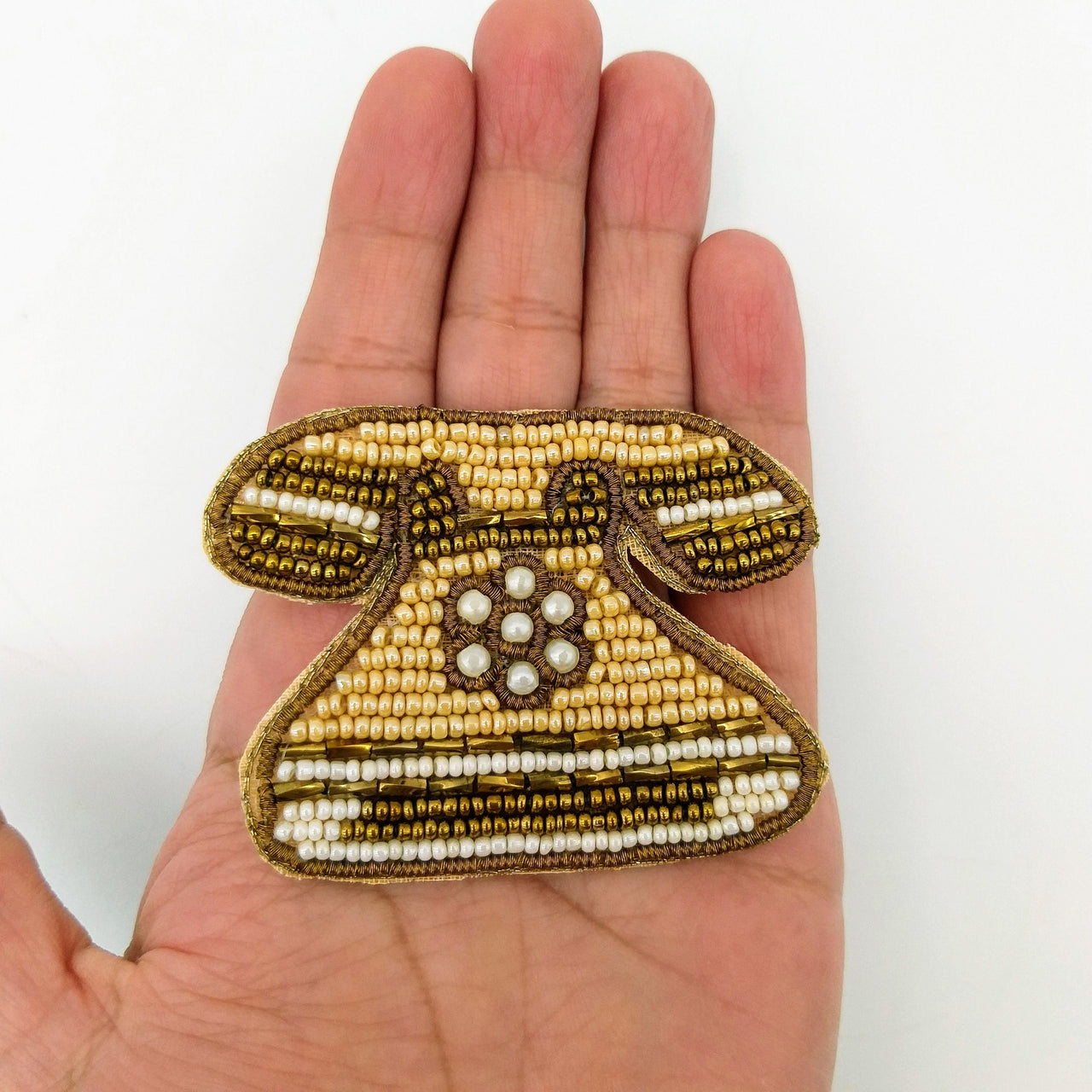 Retro Telephone Beaded Applique, Hand Embroidered In Beige, Bronze And Beige Beads