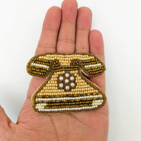 Thumbnail for Retro Telephone Beaded Applique, Hand Embroidered In Beige, Bronze And Beige Beads