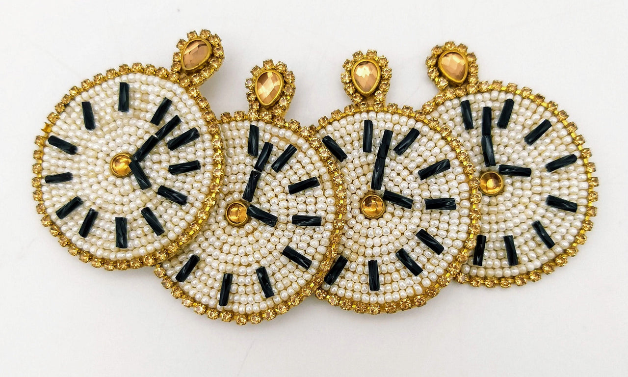 Wall Clock Beaded Applique, Hand Embroidered In White And Gold Beads, Beaded Motif