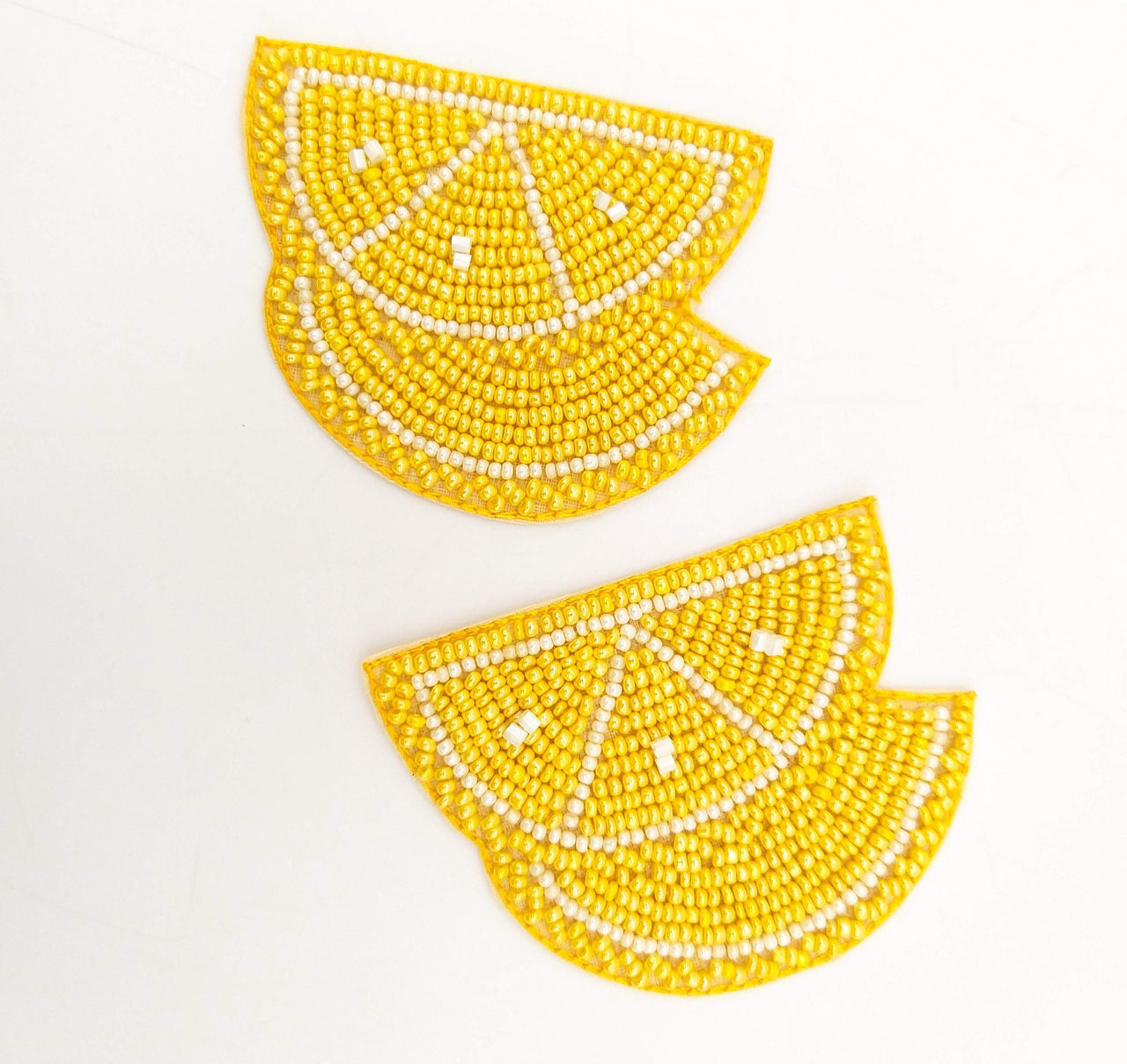 Sliced Lemon Beaded Applique, Hand Embroidered In Yellow Beads, Beaded Motif