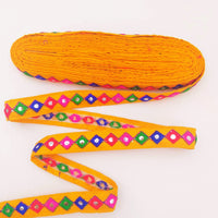 Thumbnail for Wholesale Yellow Cotton Fabric Mirrored Trim With Embroidery In Fuchsia Pink, Blue, Red & Green Threads