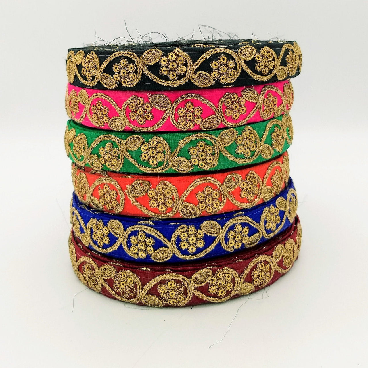 Fuchsia Pink Art Silk Trim with Gold Floral Embroidery and Gold Sequins Indian Sari Border Trim By 3 Yards Decorative Trim Craft Lace