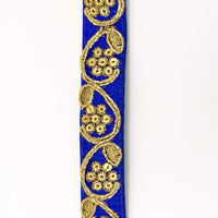 Thumbnail for Royal Blue Art Silk Trim with Gold Floral Embroidery and Gold Sequins Indian Sari Border Trim By 3 Yards Decorative Trim Craft Lace
