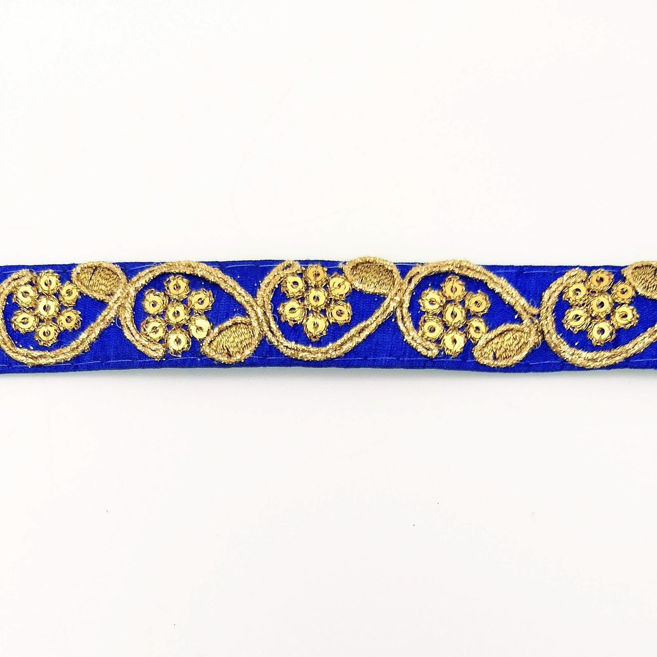 Royal Blue Art Silk Trim with Gold Floral Embroidery and Gold Sequins Indian Sari Border Trim By 3 Yards Decorative Trim Craft Lace