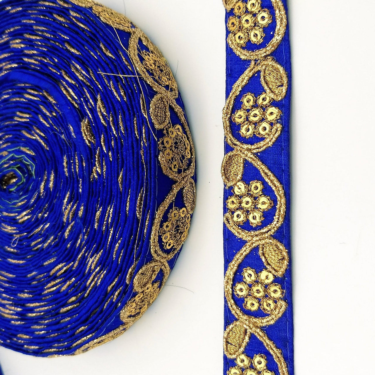 Royal Blue Art Silk Trim with Gold Floral Embroidery and Gold Sequins Indian Sari Border Trim By 3 Yards Decorative Trim Craft Lace