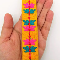 Thumbnail for Yellow Cotton Fabric Trim with Floral Embroidery in Blue, Pink, Yellow and Red