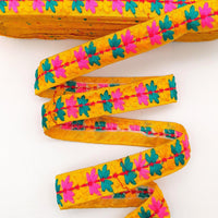 Thumbnail for Yellow Cotton Fabric Trim with Floral Embroidery in Blue, Pink, Yellow and Red