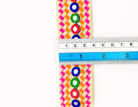 Thumbnail for Beige Multicoloured Indian Mirror Trim, Kutch Embroidered Navratri Garba Dress Trim Bridal Lace, Indian Sari Border 38 mm Wide Trim Per Yard