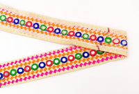 Thumbnail for Beige Multicoloured Indian Mirror Trim, Kutch Embroidered Navratri Garba Dress Trim Bridal Lace, Indian Sari Border 38 mm Wide Trim Per Yard