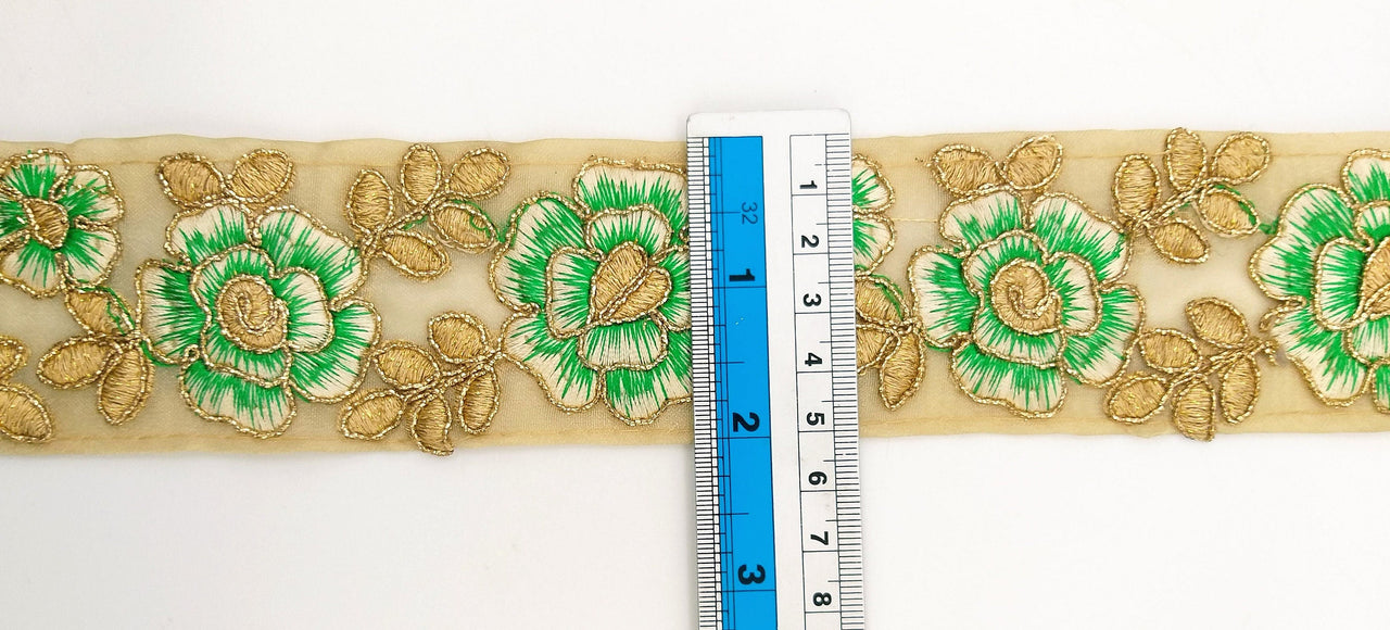Green and Gold Floral Embroidery Trimming, Embroidered Roses Flowers Trim, Sheer Fabric Lace