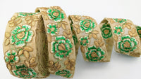 Thumbnail for Green and Gold Floral Embroidery Trimming, Embroidered Roses Flowers Trim, Sheer Fabric Lace