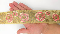 Thumbnail for Pink and Gold Floral Embroidery Trimming, Embroidered Roses Flowers Trim, Sheer Fabric Lace