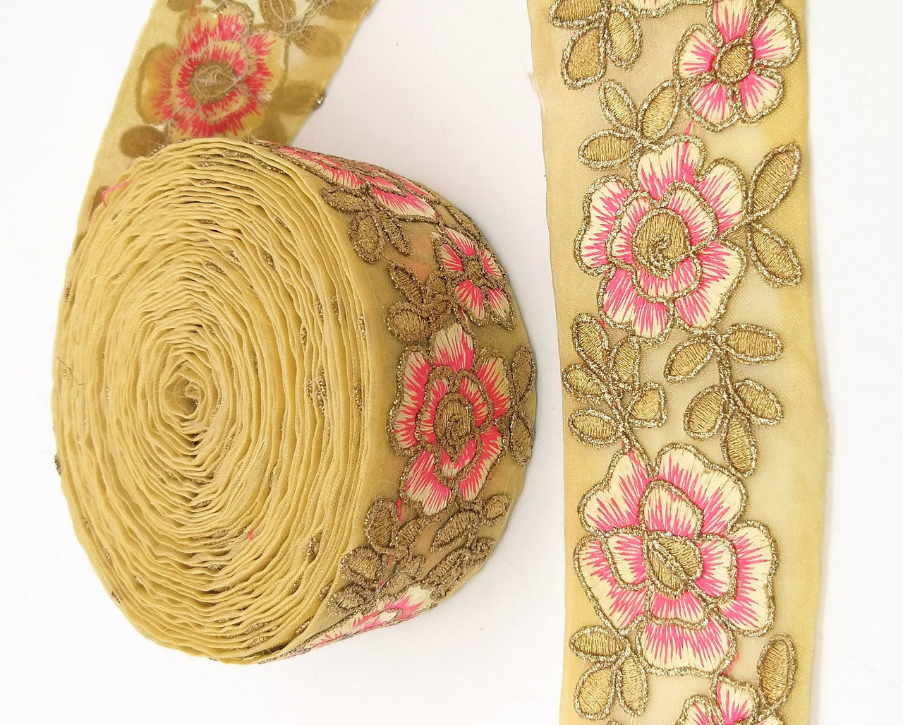 Pink and Gold Floral Embroidery Trimming, Embroidered Roses Flowers Trim, Sheer Fabric Lace