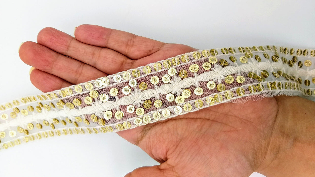 Nine Yards White Net Lace Trim Floral Embroidered With Gold Sequins, Sequinned Trim, Wedding Trim Bridal Trim