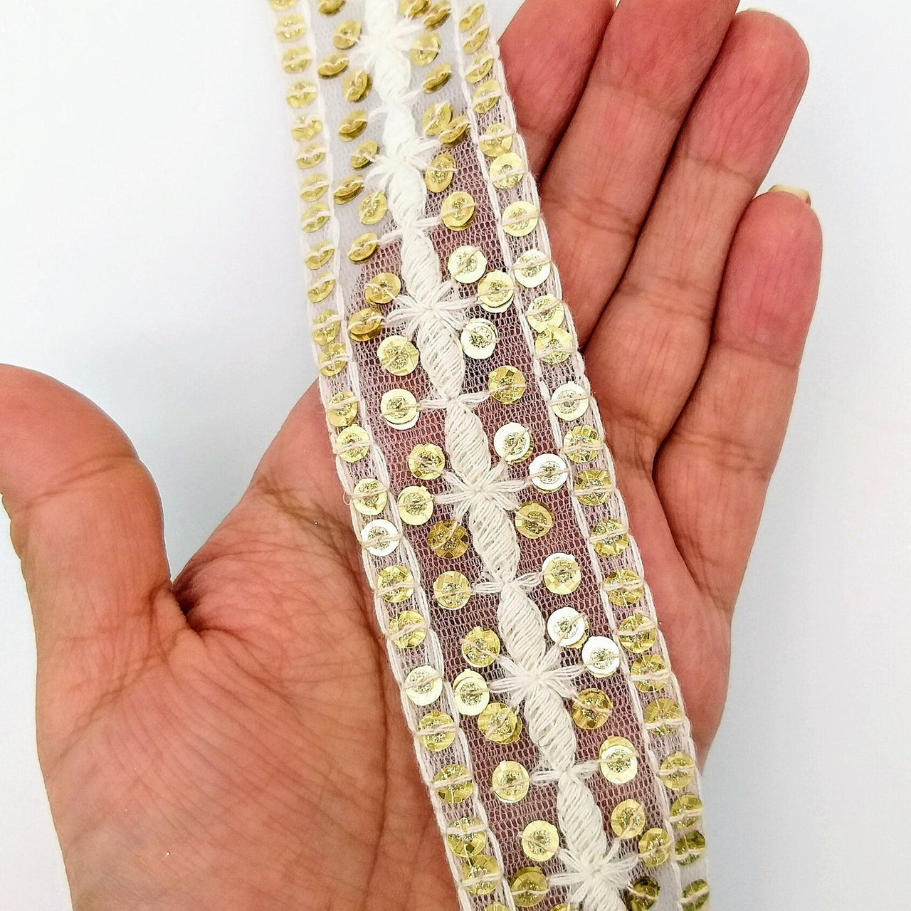 Nine Yards White Net Lace Trim Floral Embroidered With Gold Sequins, Sequinned Trim, Wedding Trim Bridal Trim