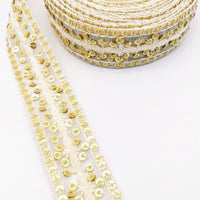 Thumbnail for Nine Yards White Net Lace Trim Floral Embroidered With Gold Sequins, Sequinned Trim, Wedding Trim Bridal Trim