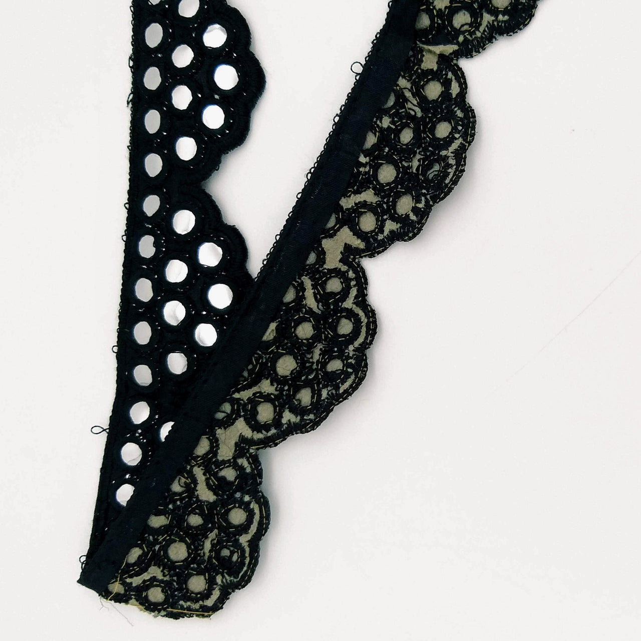 Black Mirror Trim, Kutch Embroidered Navratri Garba Dress Trim Bridal Lace, Indian Sari Border 40 mm Wide Trim Per Yard