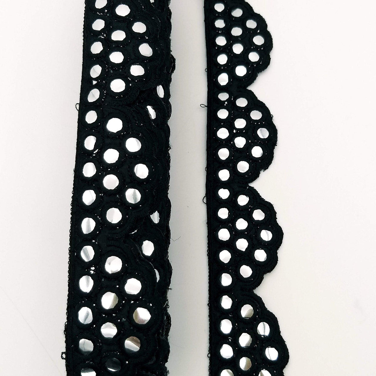 Black Mirror Trim, Kutch Embroidered Navratri Garba Dress Trim Bridal Lace, Indian Sari Border 40 mm Wide Trim Per Yard