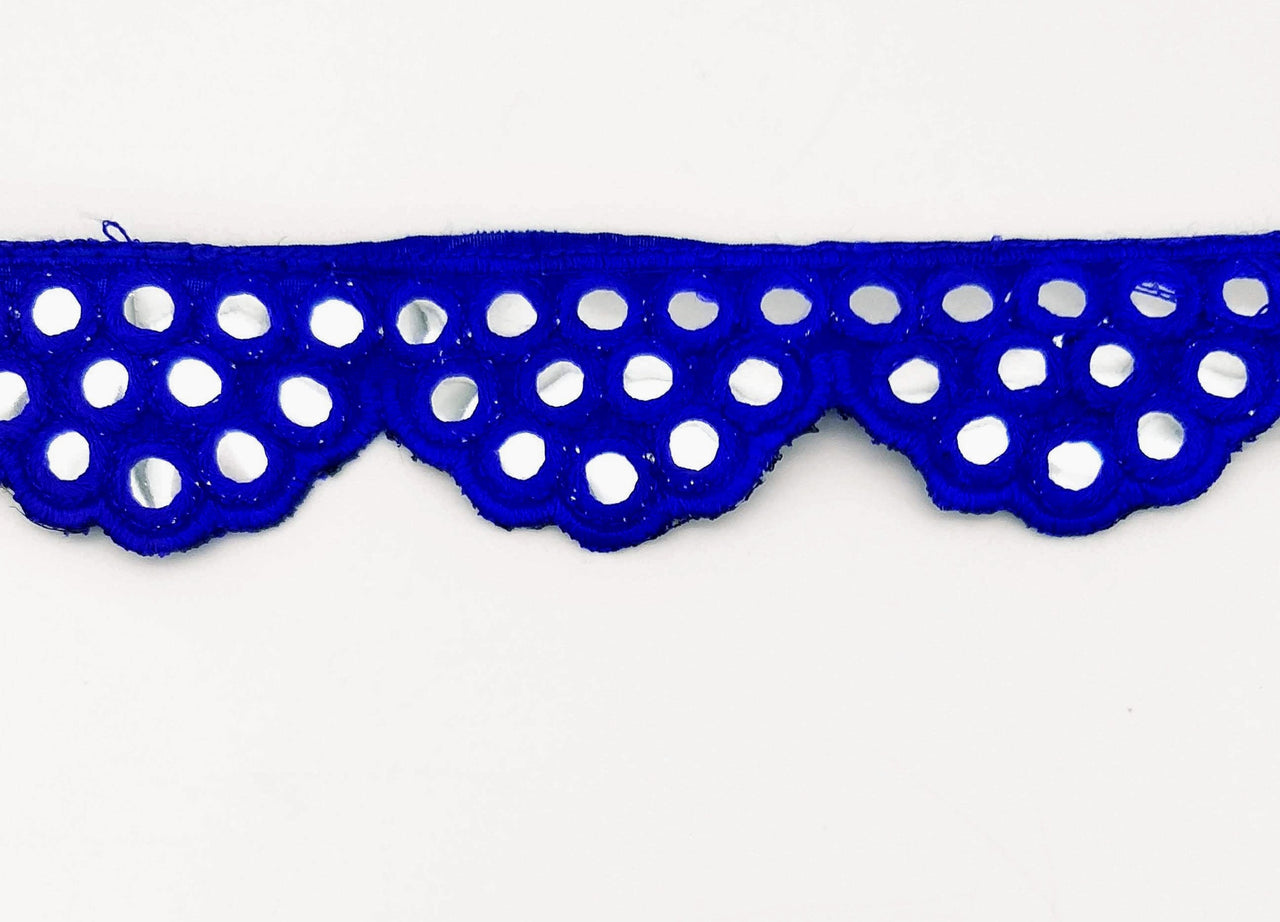 Royal Blue Mirror Trim, Kutch Embroidered Navratri Garba Dress Trim Bridal Lace, Indian Sari Border 40 mm Wide Trim Per Yard