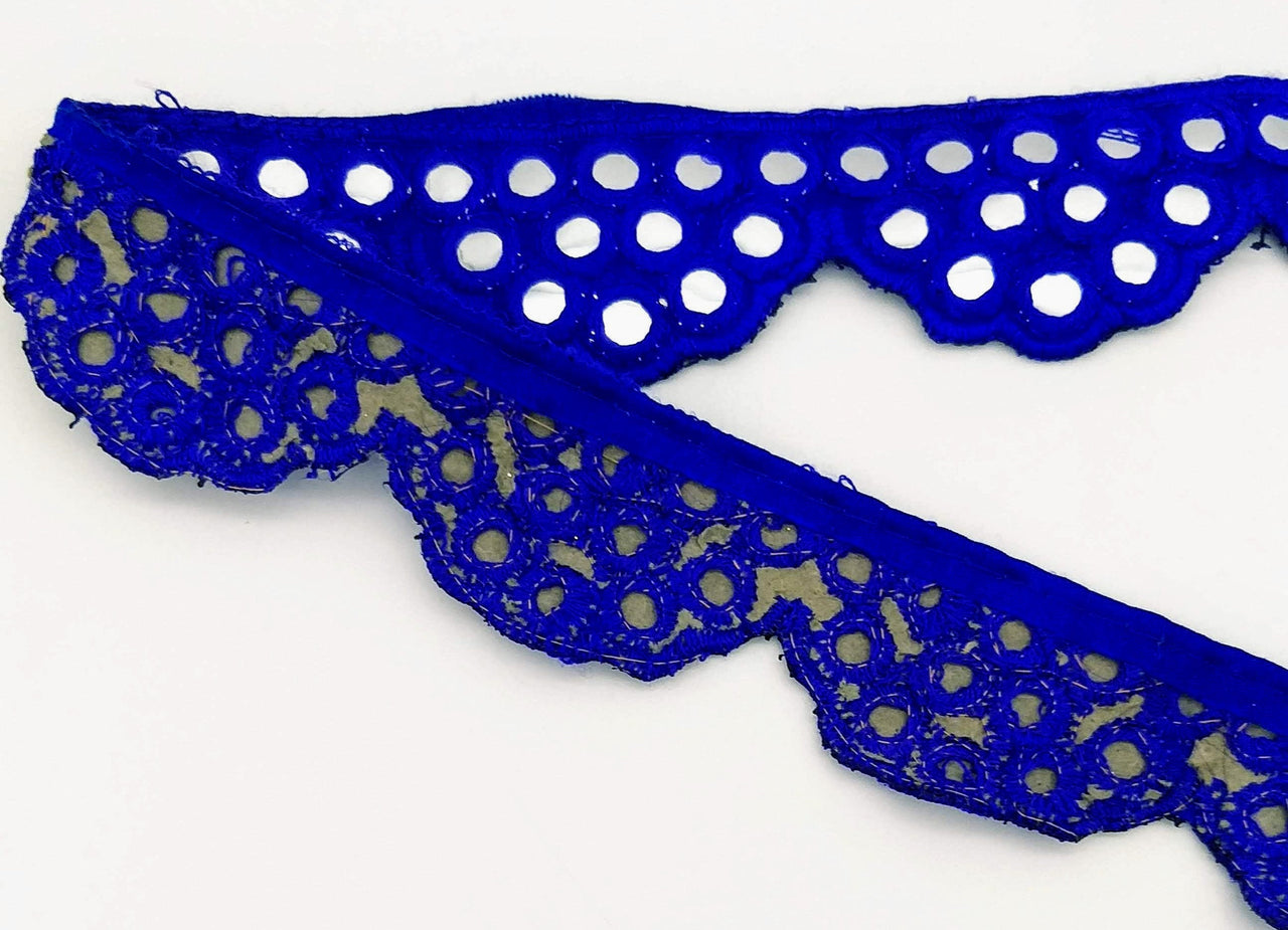 Royal Blue Mirror Trim, Kutch Embroidered Navratri Garba Dress Trim Bridal Lace, Indian Sari Border 40 mm Wide Trim Per Yard
