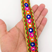 Thumbnail for Beige And Red Indian Mirror Trim Kutch Embroidered Navratri Garba Dress Trim Bridal Lace, Sari Border 30 mm Wide Trim Per 3 Yards