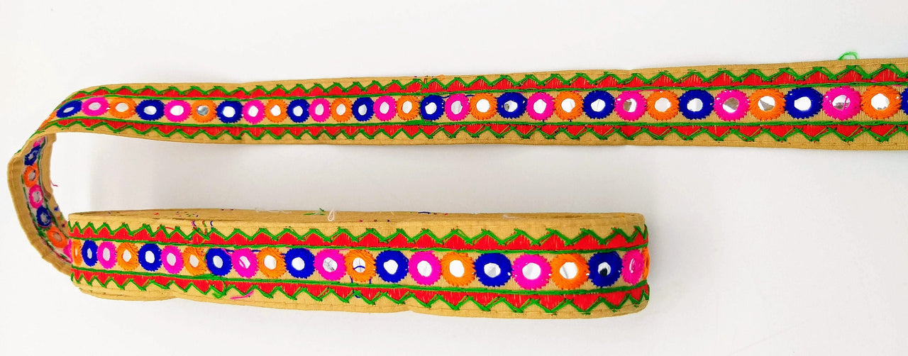 Beige And Red Indian Mirror Trim Kutch Embroidered Navratri Garba Dress Trim Bridal Lace, Sari Border 30 mm Wide Trim Per 3 Yards
