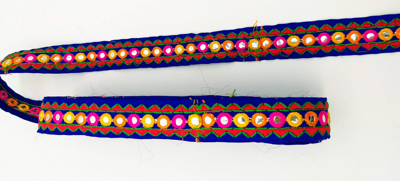 Royal Blue And Red Indian Mirror Trim Kutch Embroidered Navratri Garba Dress Trim Bridal Lace, Sari Border 30 mm Wide Trim Per 3 Yards