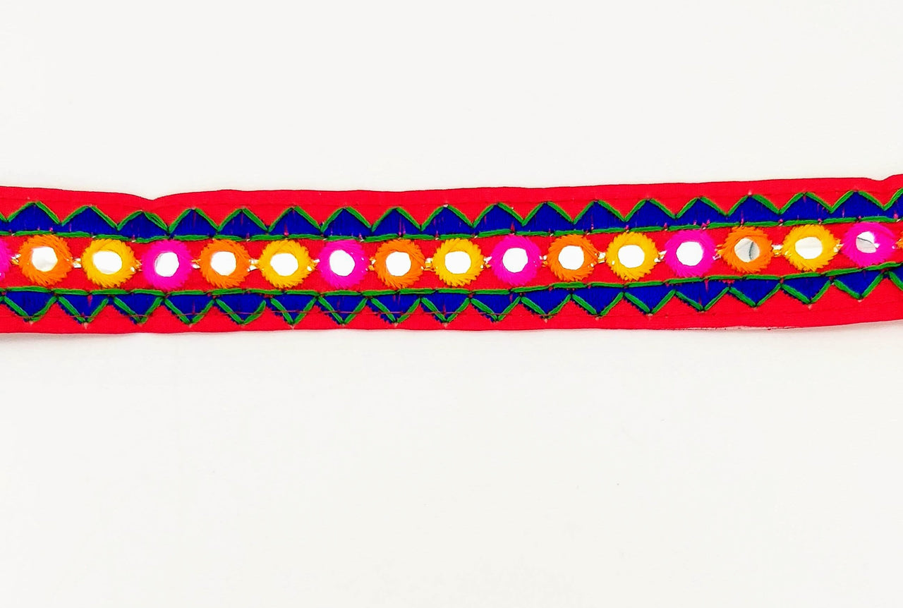 Red And Blue Indian Mirror Trim Kutch Embroidered Navratri Garba Dress Trim Bridal Lace, Sari Border 30 mm Wide Trim Per 3 Yards