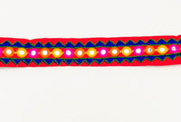 Thumbnail for Red And Blue Indian Mirror Trim Kutch Embroidered Navratri Garba Dress Trim Bridal Lace, Sari Border 30 mm Wide Trim Per 3 Yards