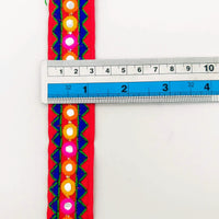 Thumbnail for Red And Blue Indian Mirror Trim Kutch Embroidered Navratri Garba Dress Trim Bridal Lace, Sari Border 30 mm Wide Trim Per 3 Yards