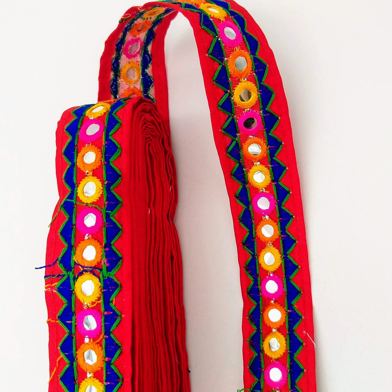 Red And Blue Indian Mirror Trim Kutch Embroidered Navratri Garba Dress Trim Bridal Lace, Sari Border 30 mm Wide Trim Per 3 Yards