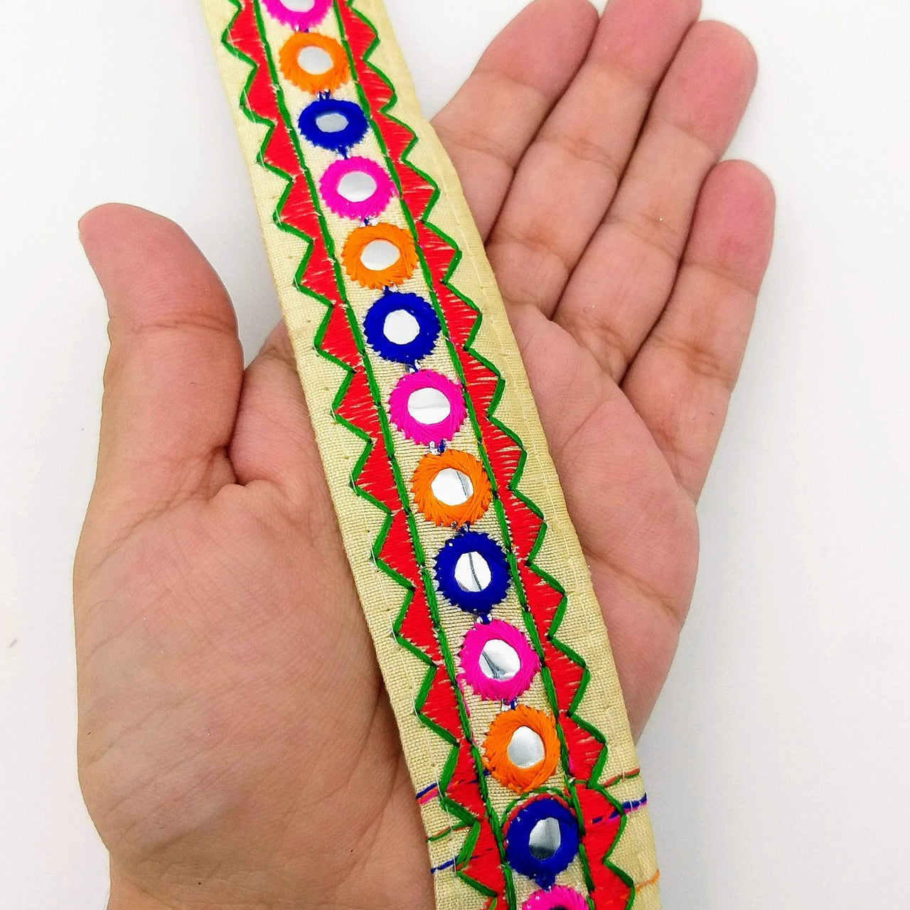 Beige And Red Indian Mirror Trim Kutch Embroidered Navratri Garba Dress Trim Bridal Lace, Sari Border 30 mm Wide Trim Per 3 Yards