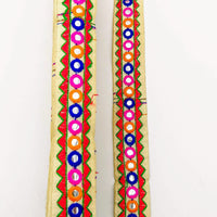 Thumbnail for Beige And Red Indian Mirror Trim Kutch Embroidered Navratri Garba Dress Trim Bridal Lace, Sari Border 30 mm Wide Trim Per 3 Yards
