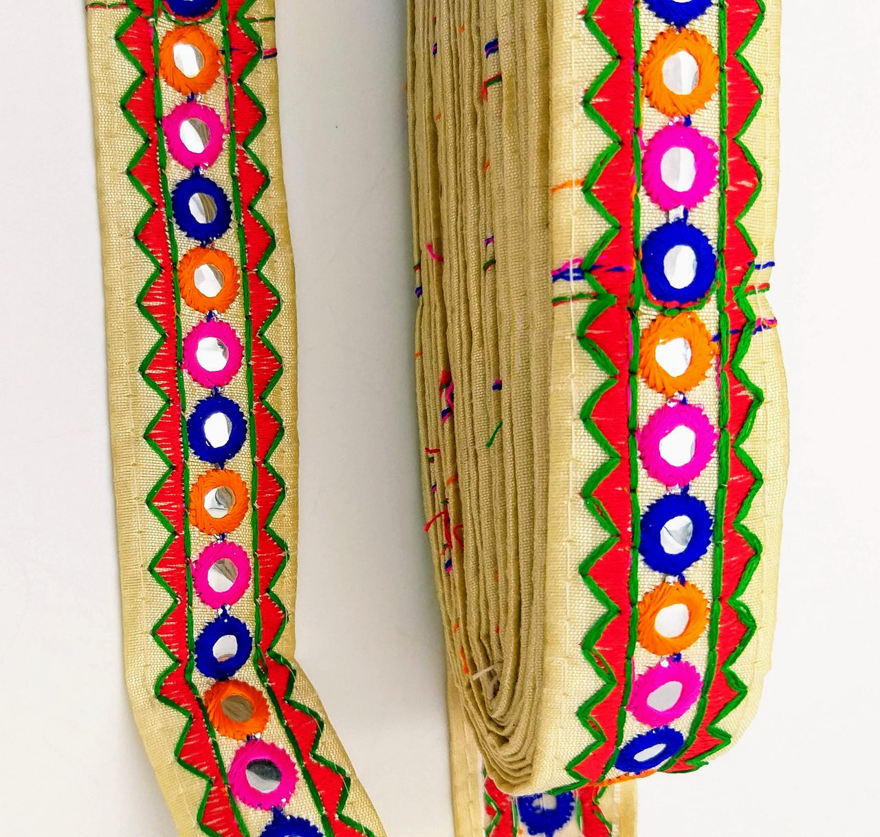 Beige And Red Indian Mirror Trim Kutch Embroidered Navratri Garba Dress Trim Bridal Lace, Sari Border 30 mm Wide Trim Per 3 Yards