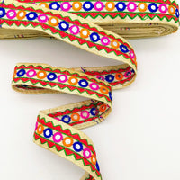 Thumbnail for Beige And Red Indian Mirror Trim Kutch Embroidered Navratri Garba Dress Trim Bridal Lace, Sari Border 30 mm Wide Trim Per 3 Yards