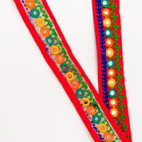 Thumbnail for Red Indian Mirror Trim Kutch Embroidered Navratri Garba Dress Trim Bridal Lace, Sari Border 35 mm Wide Trim Per 3 Yards