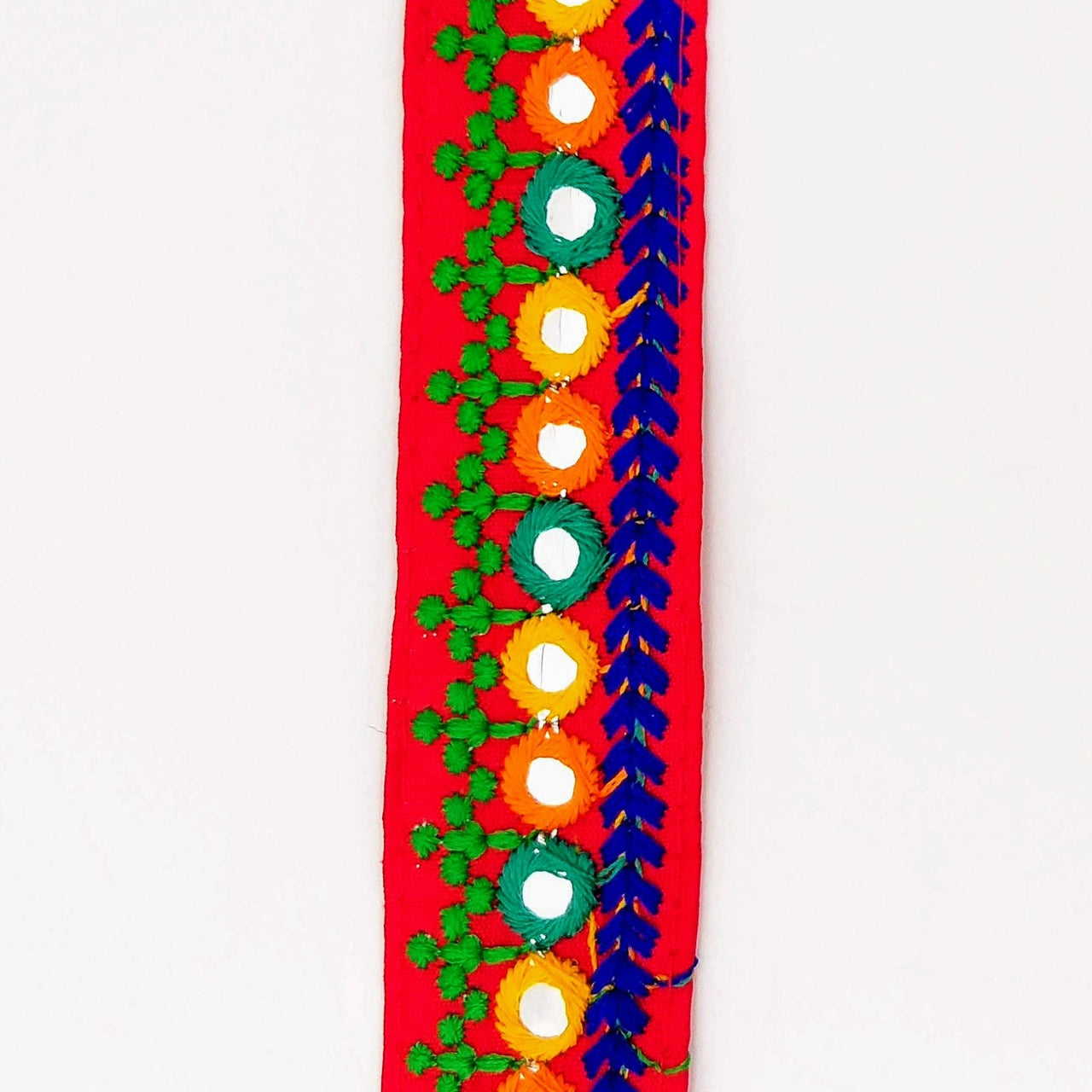 Red Indian Mirror Trim Kutch Embroidered Navratri Garba Dress Trim Bridal Lace, Sari Border 35 mm Wide Trim Per 3 Yards