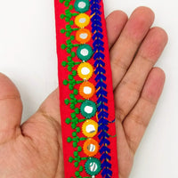 Thumbnail for Red Indian Mirror Trim Kutch Embroidered Navratri Garba Dress Trim Bridal Lace, Sari Border 35 mm Wide Trim Per 3 Yards