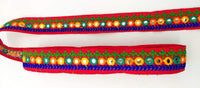 Thumbnail for Red Indian Mirror Trim Kutch Embroidered Navratri Garba Dress Trim Bridal Lace, Sari Border 35 mm Wide Trim Per 3 Yards
