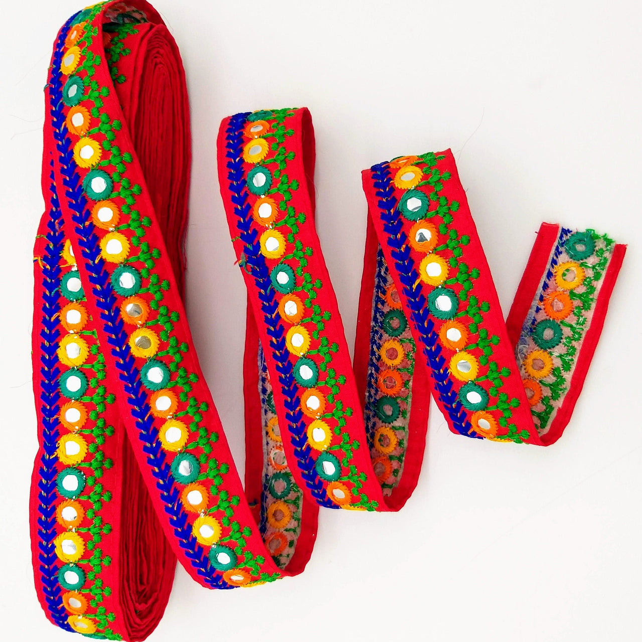 Red Indian Mirror Trim Kutch Embroidered Navratri Garba Dress Trim Bridal Lace, Sari Border 35 mm Wide Trim Per 3 Yards